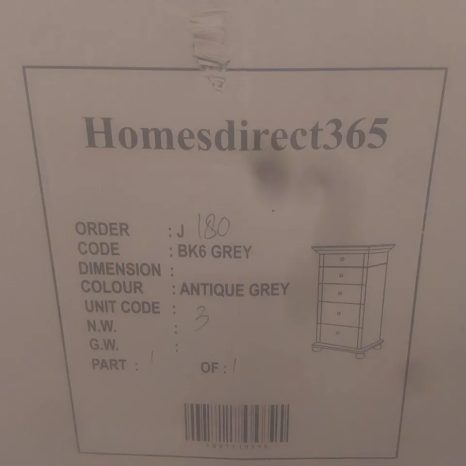 BOXED HOMES DIRECT 365 BAKERSFIELD TALLBOY CHEST - ANTIQUE GREY 
