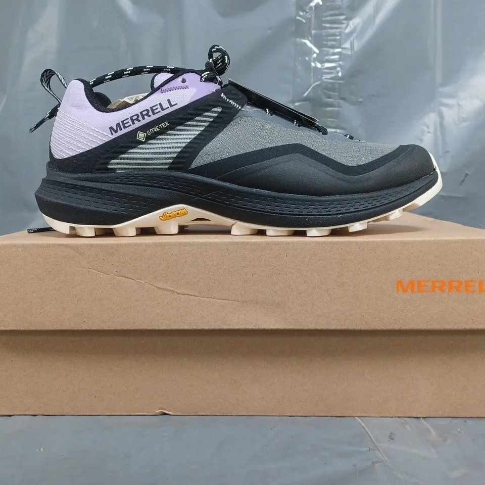 BOXED PAIR OF MERRELL MQM 3 GTX SHOES IN GREY/BLACK/LILAC SIZE UK 4