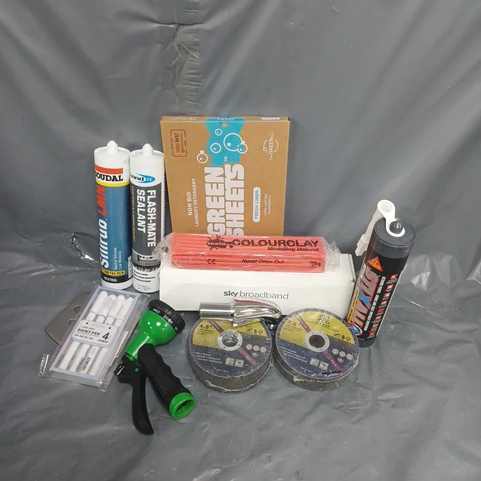APPROXIMATELY 12 ASSORTED HOUSEHOLD ITEMS TO INCLUDE COLOURCLAY MODELLING MATERIAL, STIXALL EXTREME POWER, PENS, ETC - COLLECTION ONLY