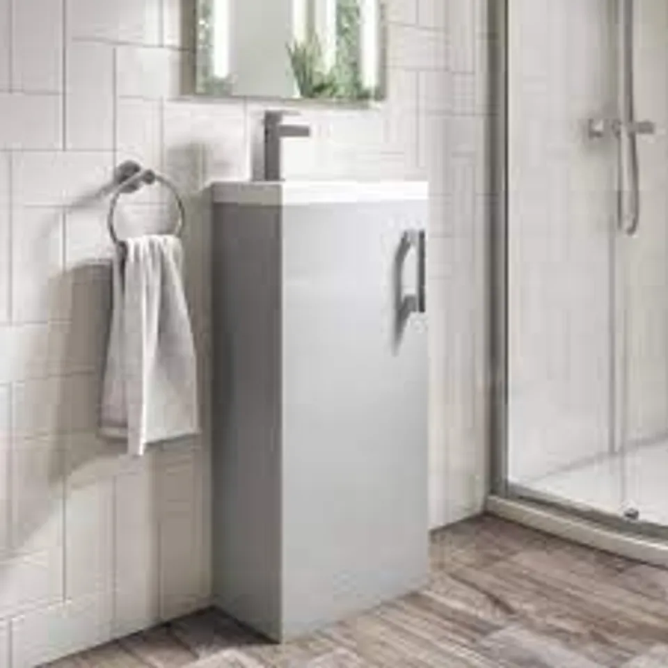 BOXED ASHFORD 400MM SINGLE DOOR FLOOR STANDING GREY UNIT