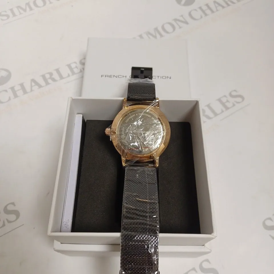 BOXED FRENCH CONNECTION LADIES BLACK DIAL WATCH - BLACK & ROSE GOLD