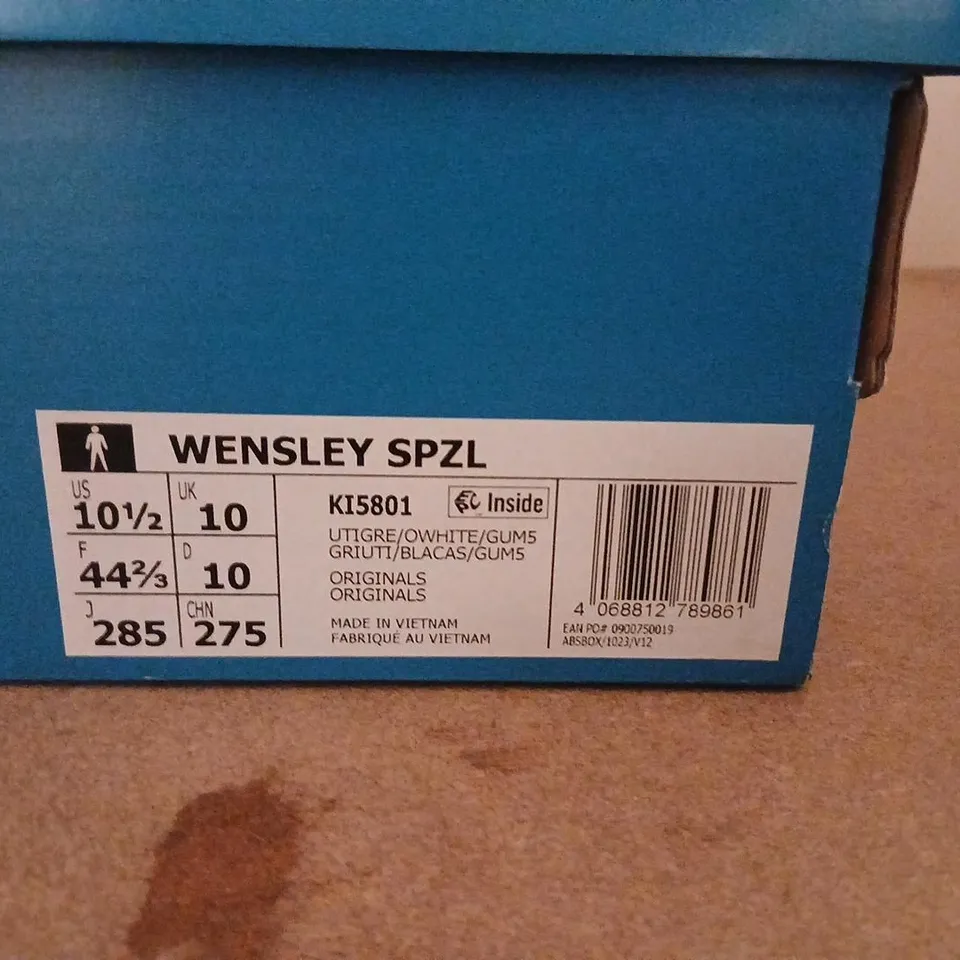 ADIDAS WENSLEY SPZL SNEAKERS – UK 10 (US 10.5), BROWN SUEDE WITH WHITE STRIPES