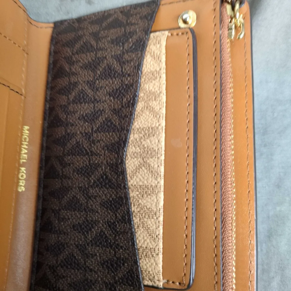 MICHAEL KORS WALLET – MONOGRAM CANVAS WITH TAN LEATHER PANELS