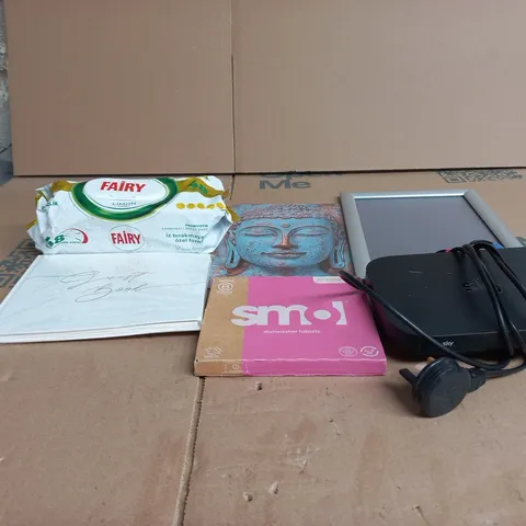 BOX OF APPROXIMATELY 20 ASSORTED ITEMS TO INCLUDE METAL FRAME, GUEST BOOK, FAIRY WIPES, SMOL, SKY BOX ETC