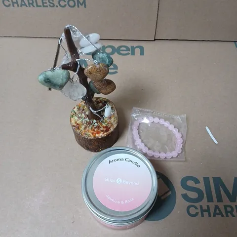 BLISS & BEYOND GEMSTONE HEART TREE WITH SOYA WAX CANDLE – JASMINE & ROSE; PINK BEAD BRACELET