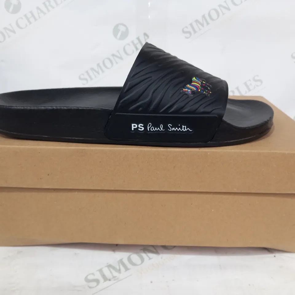 BOXED PAIR OF PAUL SMITH NYRO SLIDERS IN BLACK ZEBRA UK SIZE 8