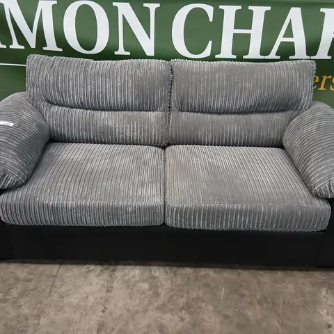 GREY CORDUROY 3-SEAT SOFA WITH BLACK BASE AND MATCHING ARM CUSHIONS