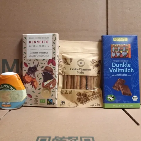 APPROXIMATELY 10 ASSORTED FOOD AND DRINK ITEMS TO INCLUDE CHOCOLATE, CINNAMON STICKS, ETC