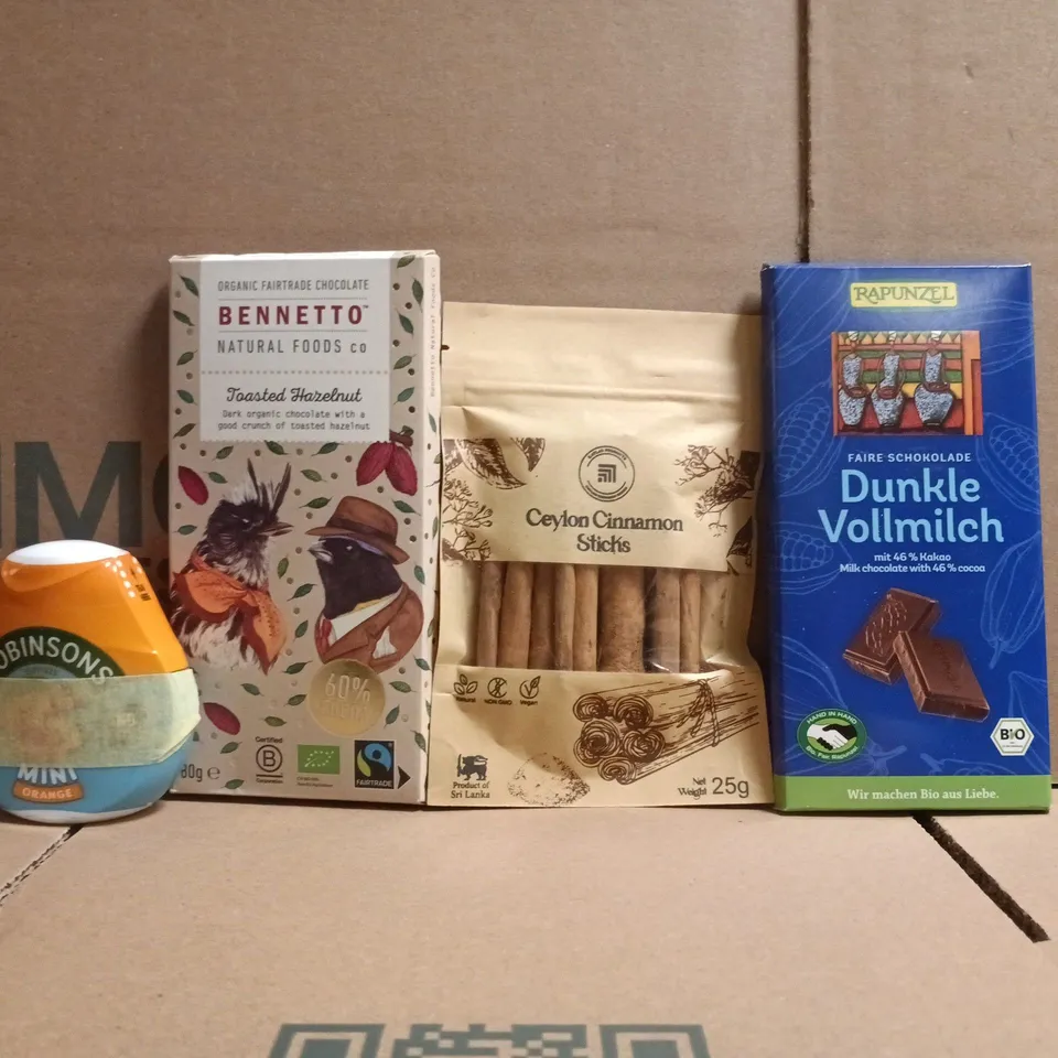 APPROXIMATELY 10 ASSORTED FOOD AND DRINK ITEMS TO INCLUDE CHOCOLATE, CINNAMON STICKS, ETC