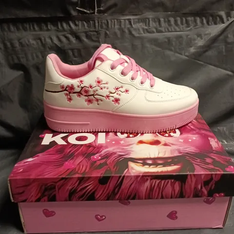 KOI TRAINERS – WHITE WITH CHERRY BLOSSOM EMBROIDERY, PINK SOLE SIZE 7