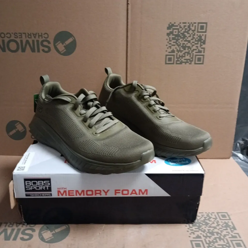 SKECHERS BOBS SPORT VEGAN MEMORY FOAM SNEAKERS – OLIVE, UK 12 (US 13)