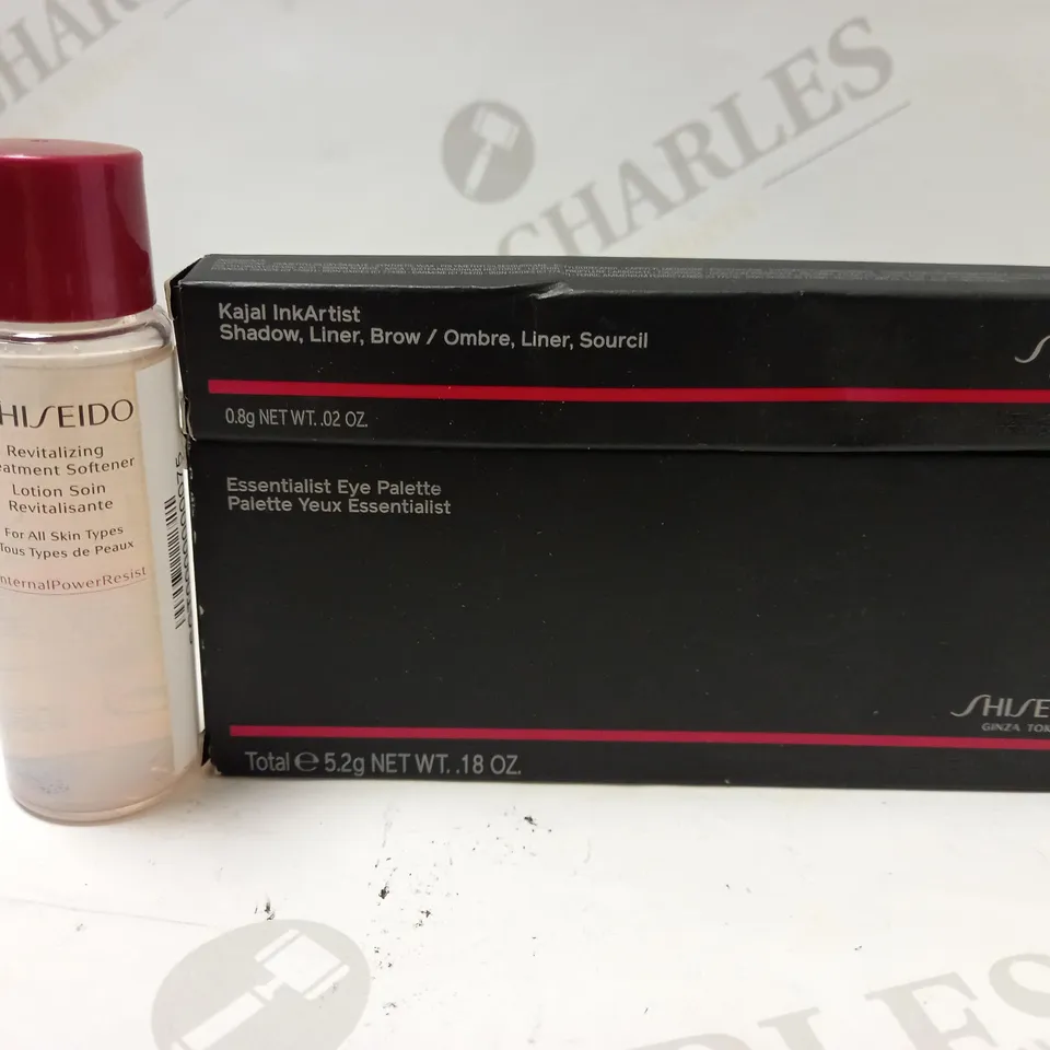 LOT OF 2 SHISEIDO COSMETICS INCLUDING SHADOW BROW LINER, ESSENTIALIST EYE PALETTE AND REVITALIZING TREATMENT SOFTENER