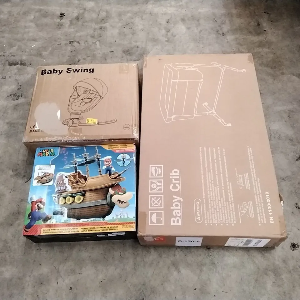 PALLET OF ASSORTED HOUSEHOLD GOODS AND PRODUCTS TO INCLUDE; BABY SWING, BABY CRIB, TOYS, BOXED FURNITURE ETC 