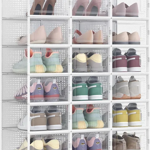 BOXED SONGMICS SHOE BOXES, PACK OF 18 STACKABLE SHOE STORAGE ORGANISERS