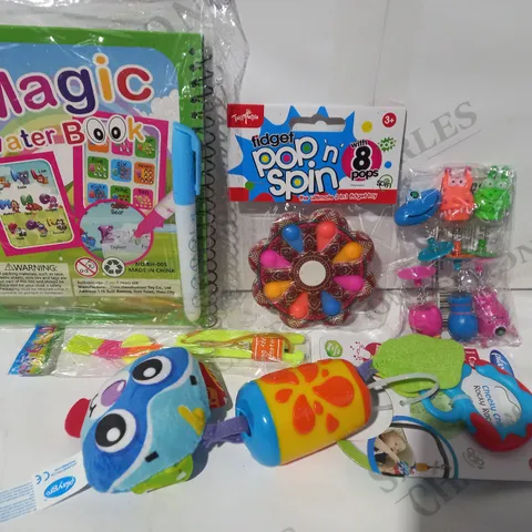 BOX OF APPROXIMATELY 20 ASSORTED TOYS AND GAMES TO INCLUDE MAGIC WATER BOOK, TOYMANIA FIDGET POP N' SPIN, PLAYGRO CHEEKY CHIME ROCKY RACOON, ETC