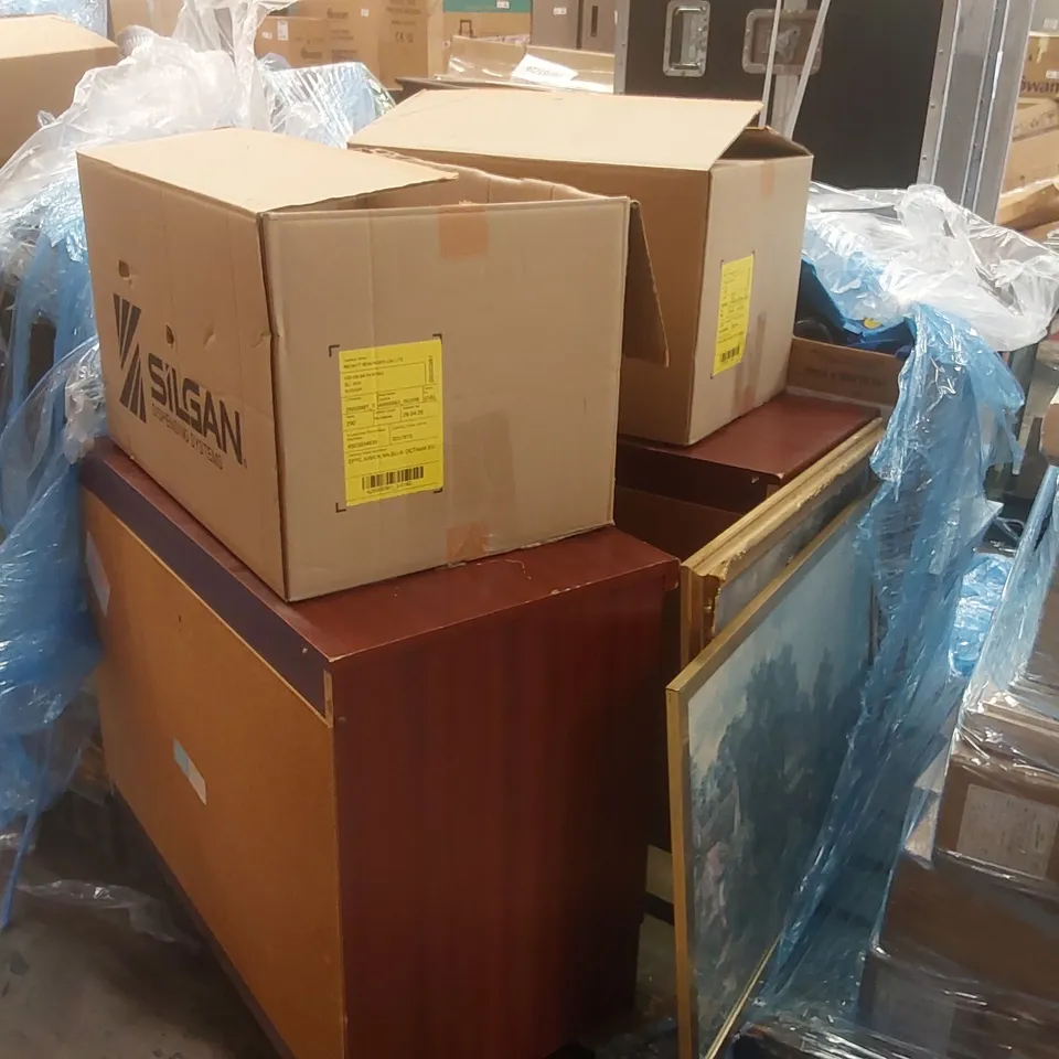 PALLET CONTAINING A VERY LARGE QUANTITY OF ASSORTED ITEMS INCLUDING: PAINTINGS, CABINETS, ASSORTED DVDS ECT