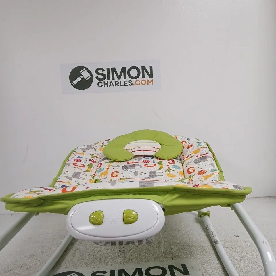 MOTHERCARE BABY BOUNCER / ROCKER – GREEN FRAME, PATTERNED CUSHION