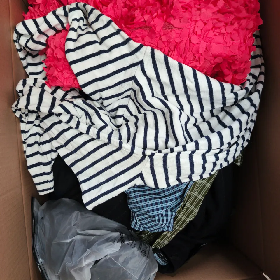 LARGE BOX OF APPROXIMATELY 25 ASSORTED CLOTHING ITEMS IN VARIOUS COLOURS, STYLES AND SIZES - COLLECTION ONLY