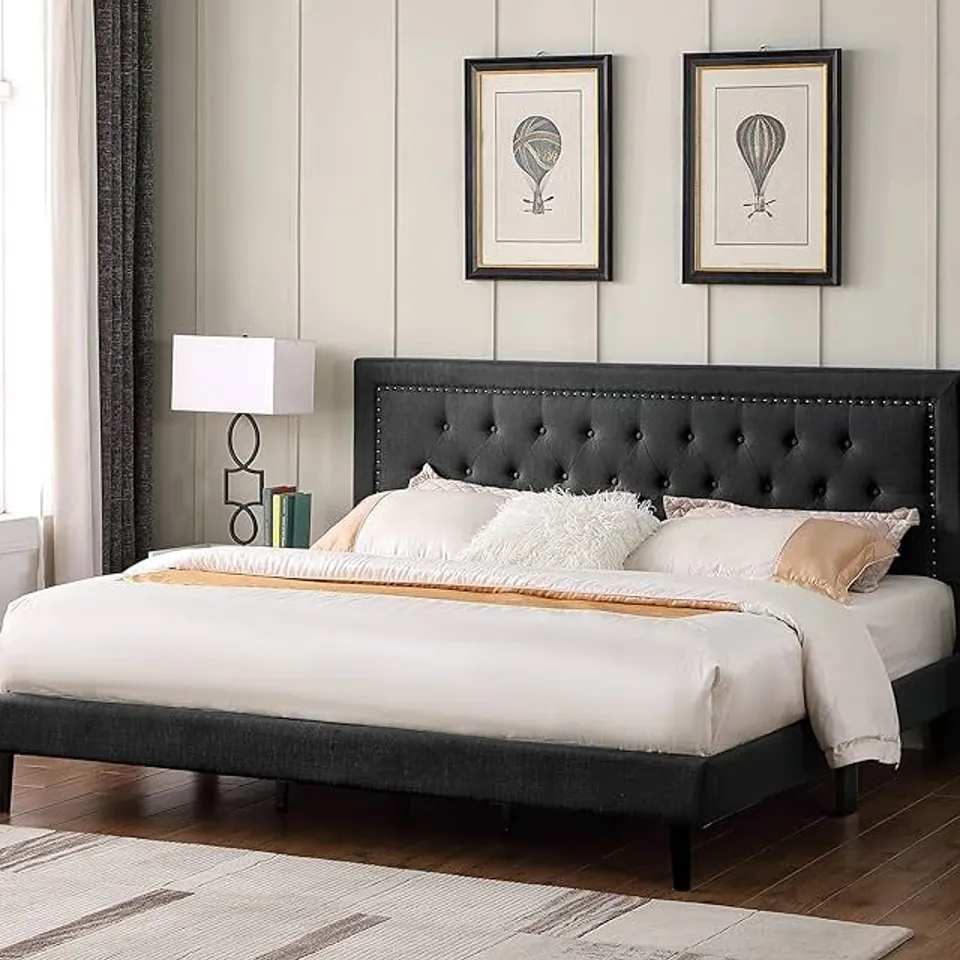 BOXED UPHOLSTERED KING SIZED BED FRAME WITH HEIGHT ADJUSTABLE HEADBOARD - BLACK (2 BOXES)