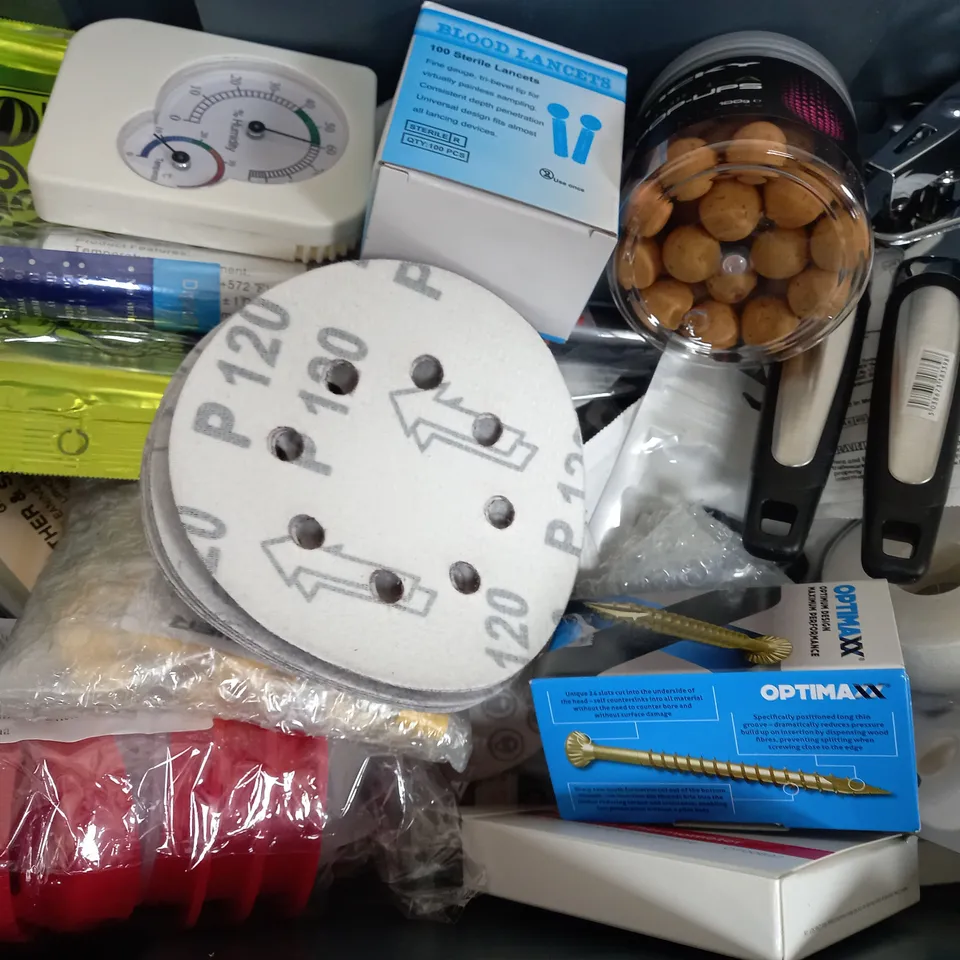 BOX OF APPROX 20 ASSORTED ITEMS TO INCLUDE - STICKY MANILLA PUP UPS - BLOOD LANCETS - TIN OPENER ECT 