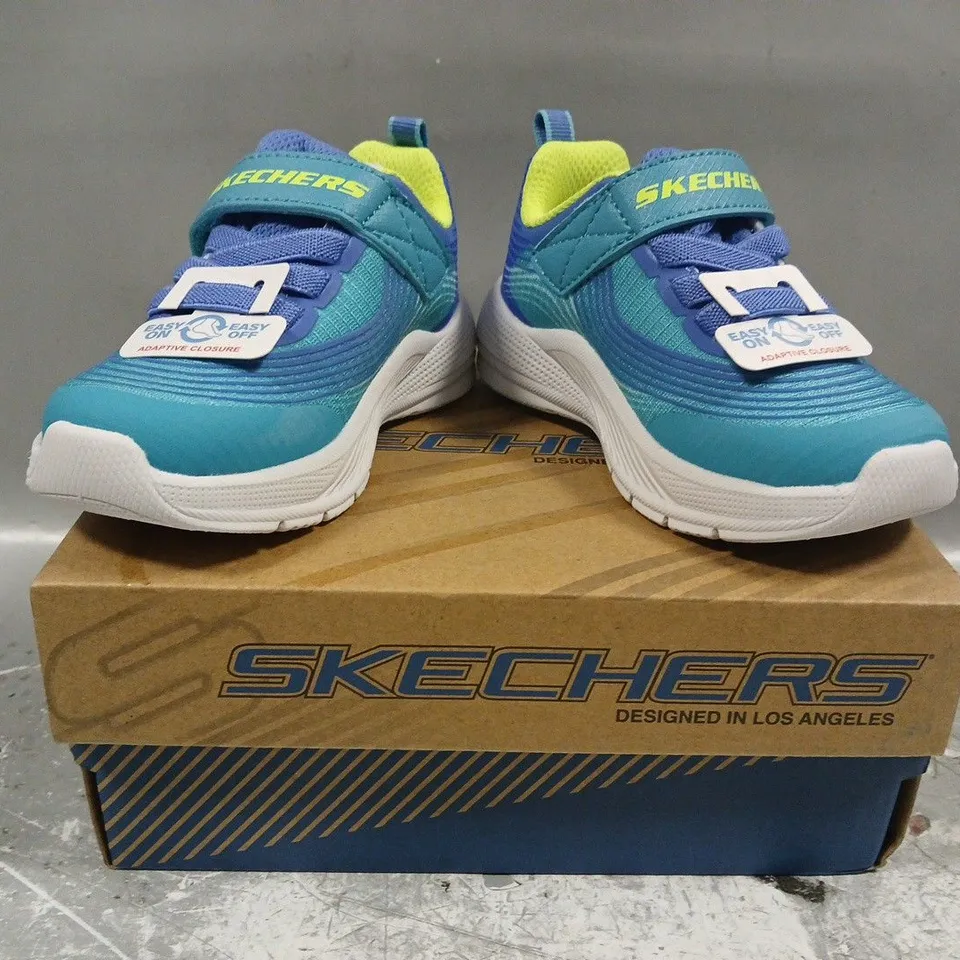 BOXED PAIR OF SKECHERS KIDS MICROSPEC ADVANCE SHOES IN TURQUOISE/LIME SIZE UK 5