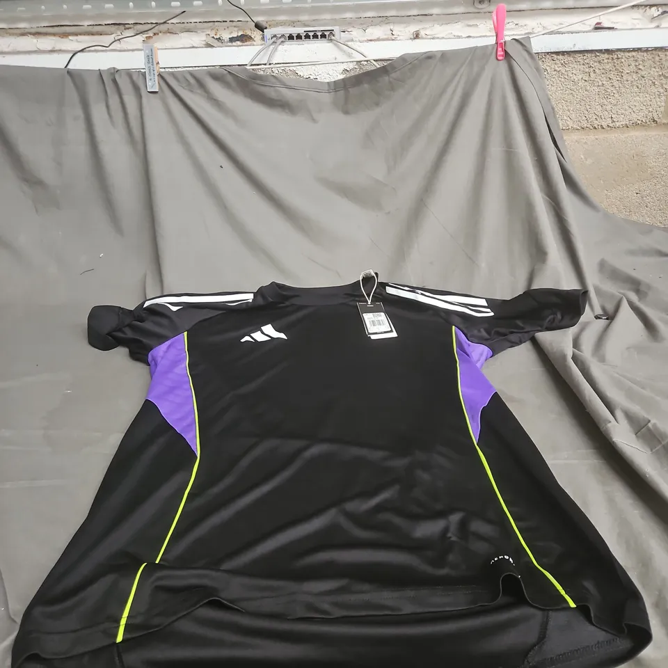 ADIDAS TIRO 25 JERSEY – BLACK WITH PURPLE PANELS, NEON PIPING – SIZE M 