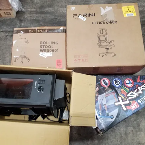 PALLET OF ASSORTED PRODUCTS INCLUDING OFFICE CHAIR, ROLLING STOOL, ELECTRIC FIREPLACE, STUNT SCOOTER