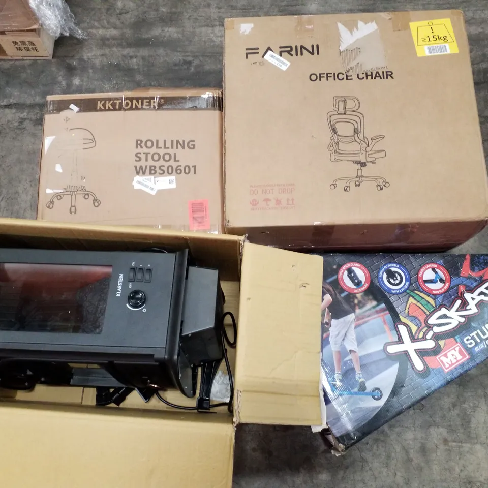 PALLET OF ASSORTED PRODUCTS INCLUDING OFFICE CHAIR, ROLLING STOOL, ELECTRIC FIREPLACE, STUNT SCOOTER