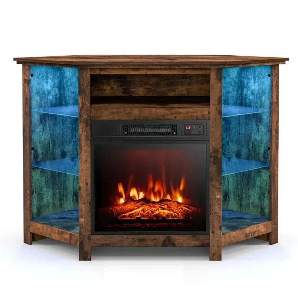 BOXED COSTWAY RUSTIC BROWN LED LIGHT CORNER TV STAND WITH FIREPLACE INSERT