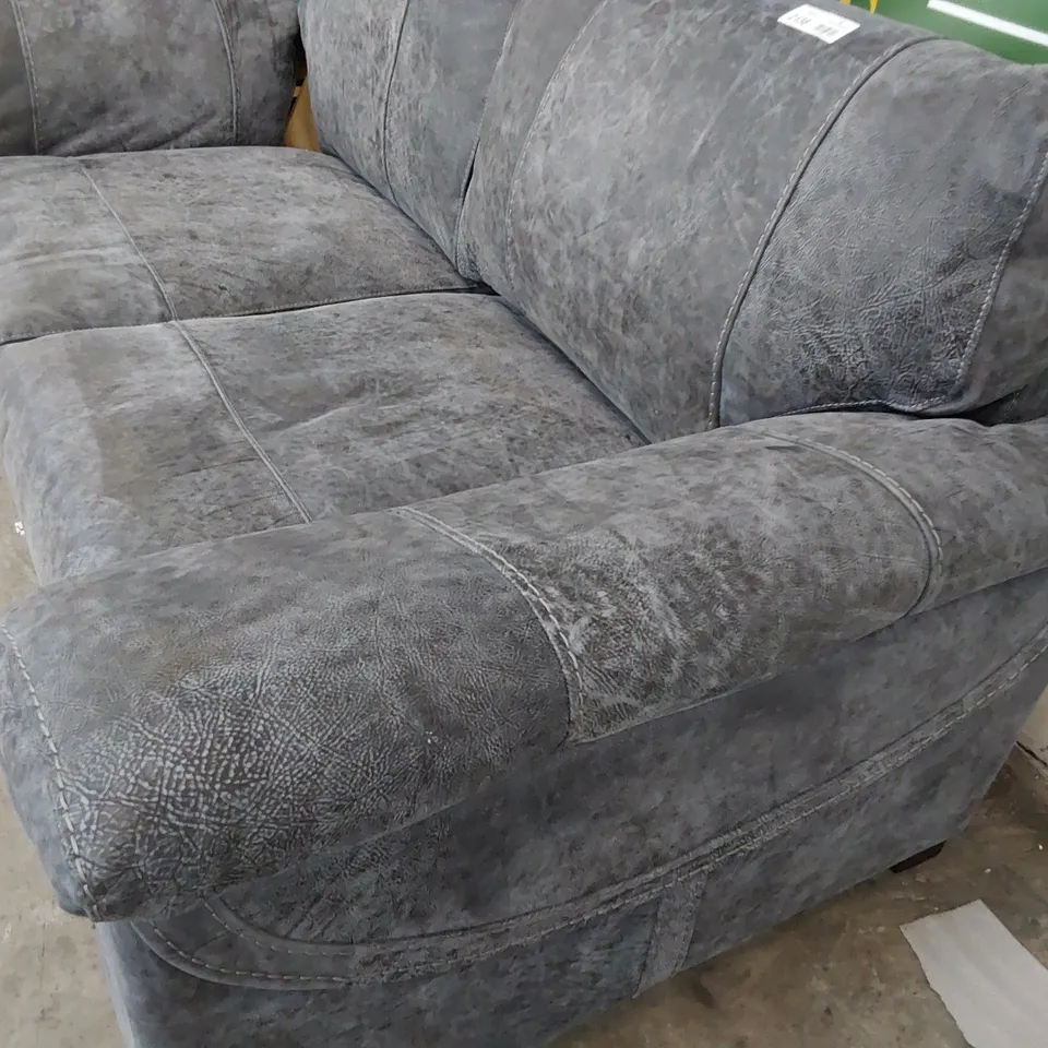 DESIGNER LOUNGE SUITE, COMPRISING LARGE TWO SEATER SOFA & EASY CHAIR ELEPHANT GREY MACAU FABRIC WITH FEATURED STITCHING