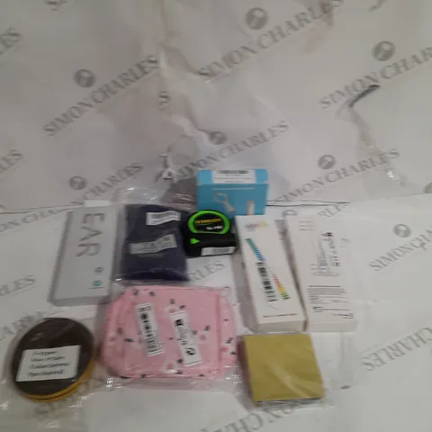 TOTE OF ASSORTED HOUSEHOLD ITEMS TO INCLUDE TAPE MEASURE, EAR CLEANERS