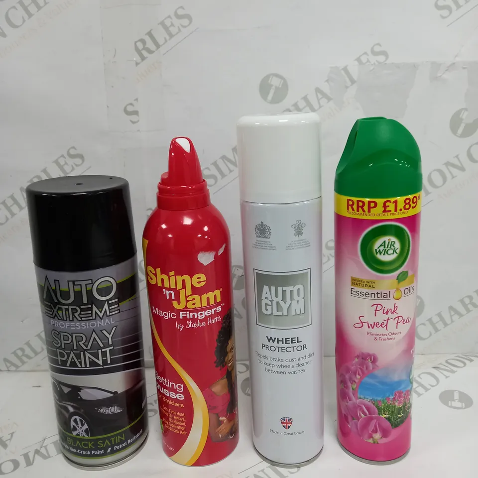 BOX OF APPROX 15 ASSORTED LIQUIDS TO INCLUDE - SHINE N JAM, SPRAY PAINT, AIR WICK ETC
