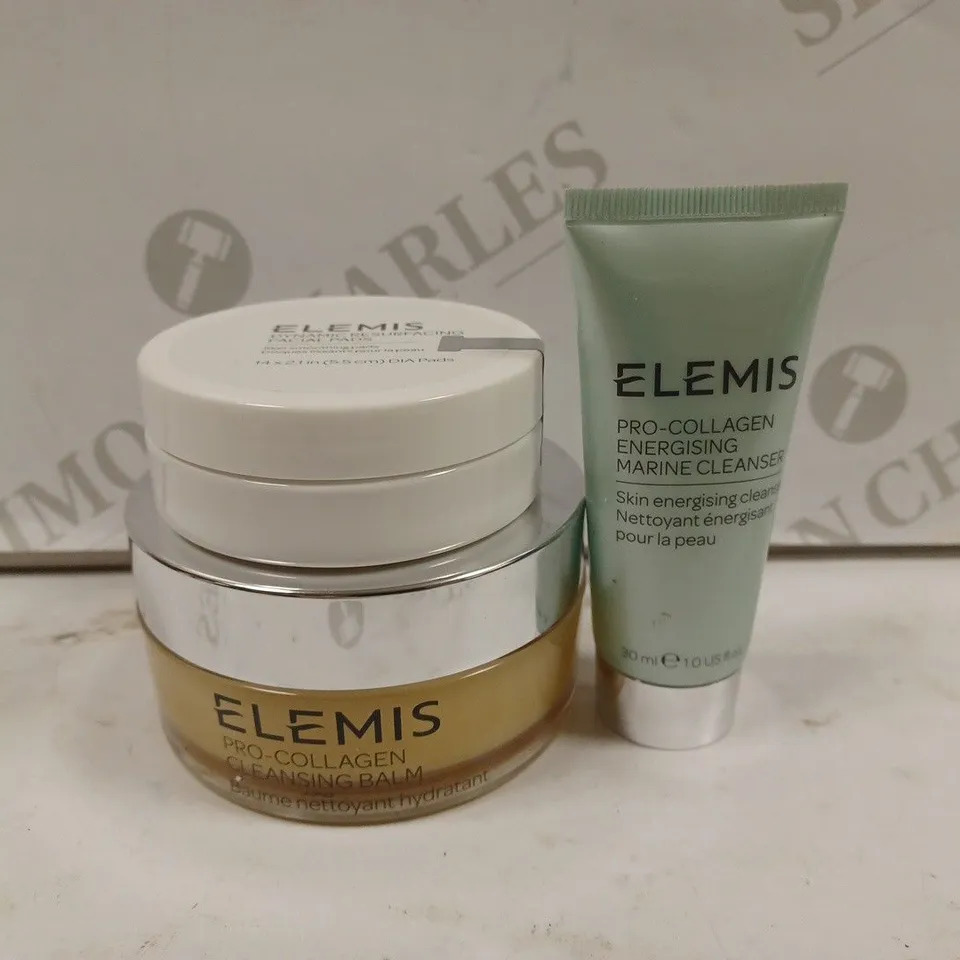 BOX OF 3 ASSORTED ELEMIS PRODUCTS TO INCLUDE PRO-COLLAGEN CLEANSING BALM, DYNAMIC RESURFACING FACIAL PADS, ENERGISING MARINE CLEANSER, ETC 
