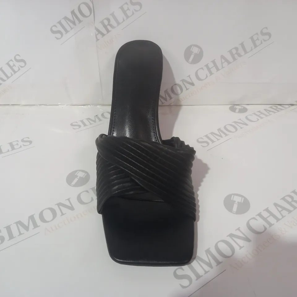 BOXED PAIR OF DESIGNER OPEN SQUARE TOE HEELED SANDALS IN BLACK EU SIZE 42