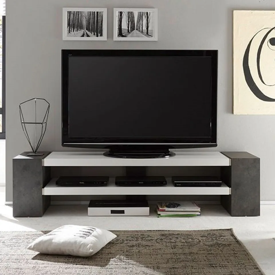 BRAND NEW BOXED GENEVA RECTANGULAR TV STAND IN MATT WHITE AND CONCRETE (2 BOXES)