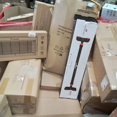 PALLET CONTAINING VARIOUS ASSORTED BOXED HOUSEHOLD ITEMS TO INCLUDE: DRY WALL SUPPORT BARS, BUG ZAPPER, LARGE THROW, RETRACTABLE SAFETY GATE AND LOTS MORE UNMARKED BOXED ITEMS 