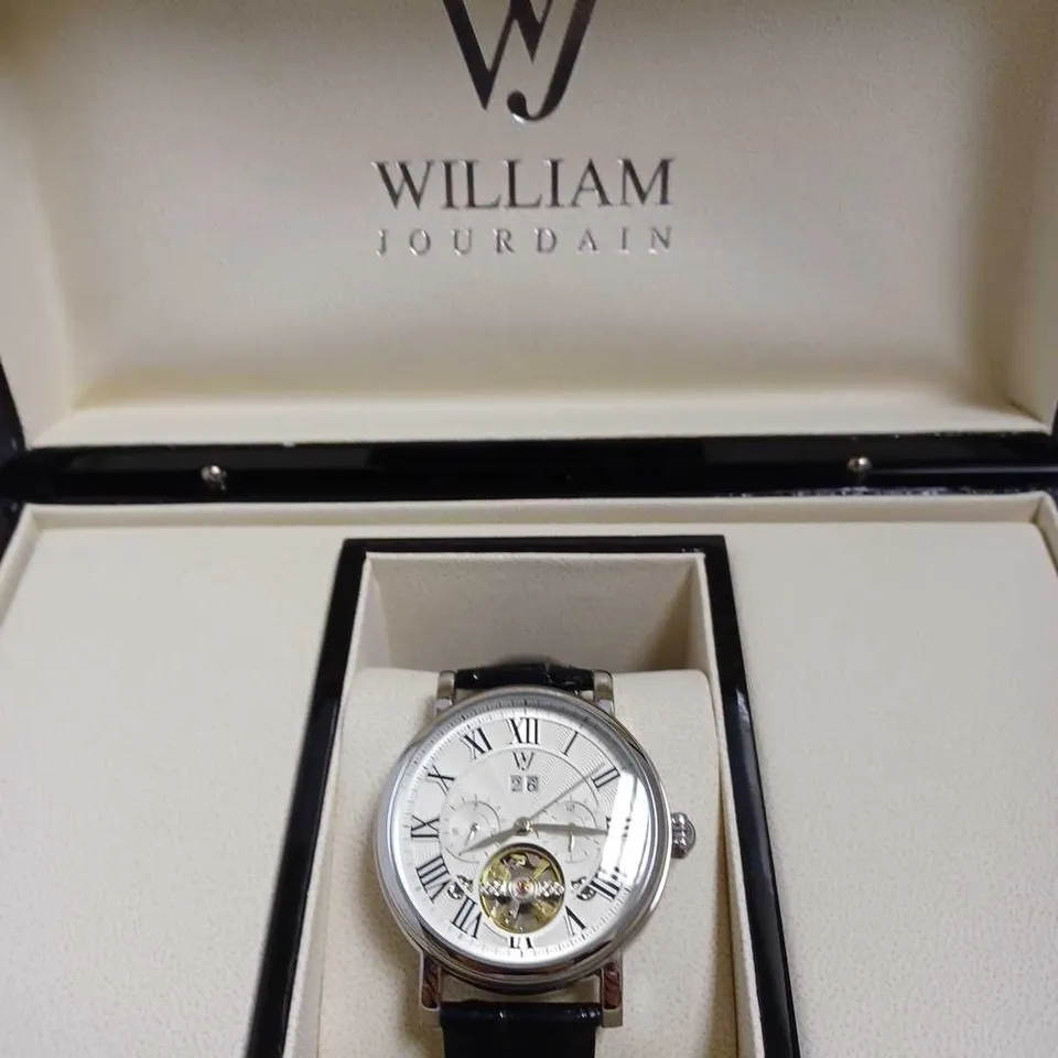 WILLIAM JOURDAIN PART SKELETON AUTOMATIC BLACK LEATHER STRAP WATCH