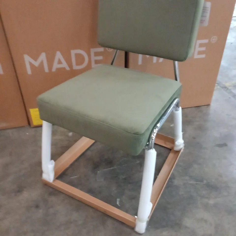 FIVE BRAND NEW BOXED MADE KNOX PISTACHIO GREEN VELVET DINING CHAIRS WITH CHROME LEGS(5 BOXES)