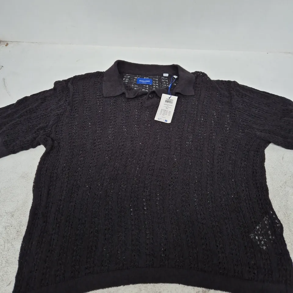 JACK & JONES ORIGINALS BLACK KNIT SS POLO - LARGE