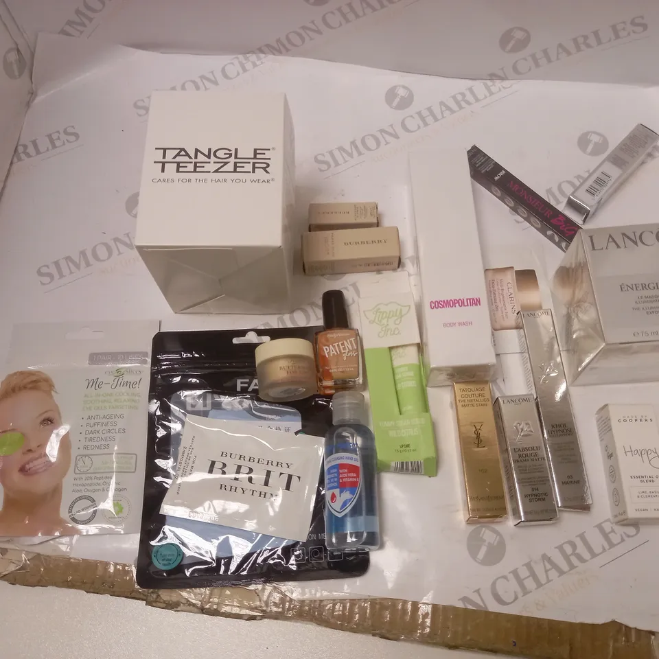 BOXED 20 PIECE MYSTERY BEAUTY BOX TO INCLUDE LANCOME, COSMOPOLITAN, BURBERRY, ETC