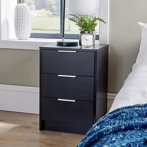 BOXED PHOENIX 3 DRAWER BEDSIDE TABLE STORAGE UNIT - BLACK (1 BOX)