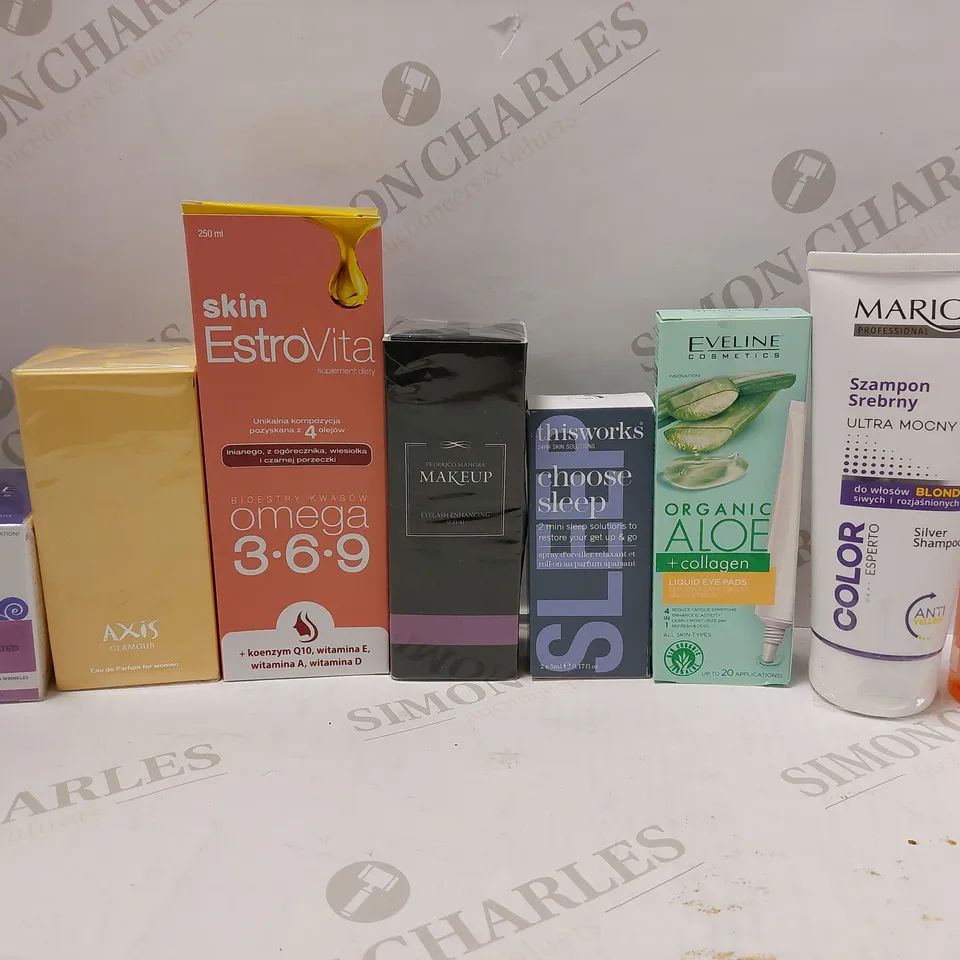 LOT OF APPROX 20 ASSORTED BEAUTY PRODUCTS TO INCLUDE EVELINE LIQUID EYE PADS, AXIS GLAMOUR EAU DE PARFUM, THISWORKS CHOOSE SLEEP, ETC 