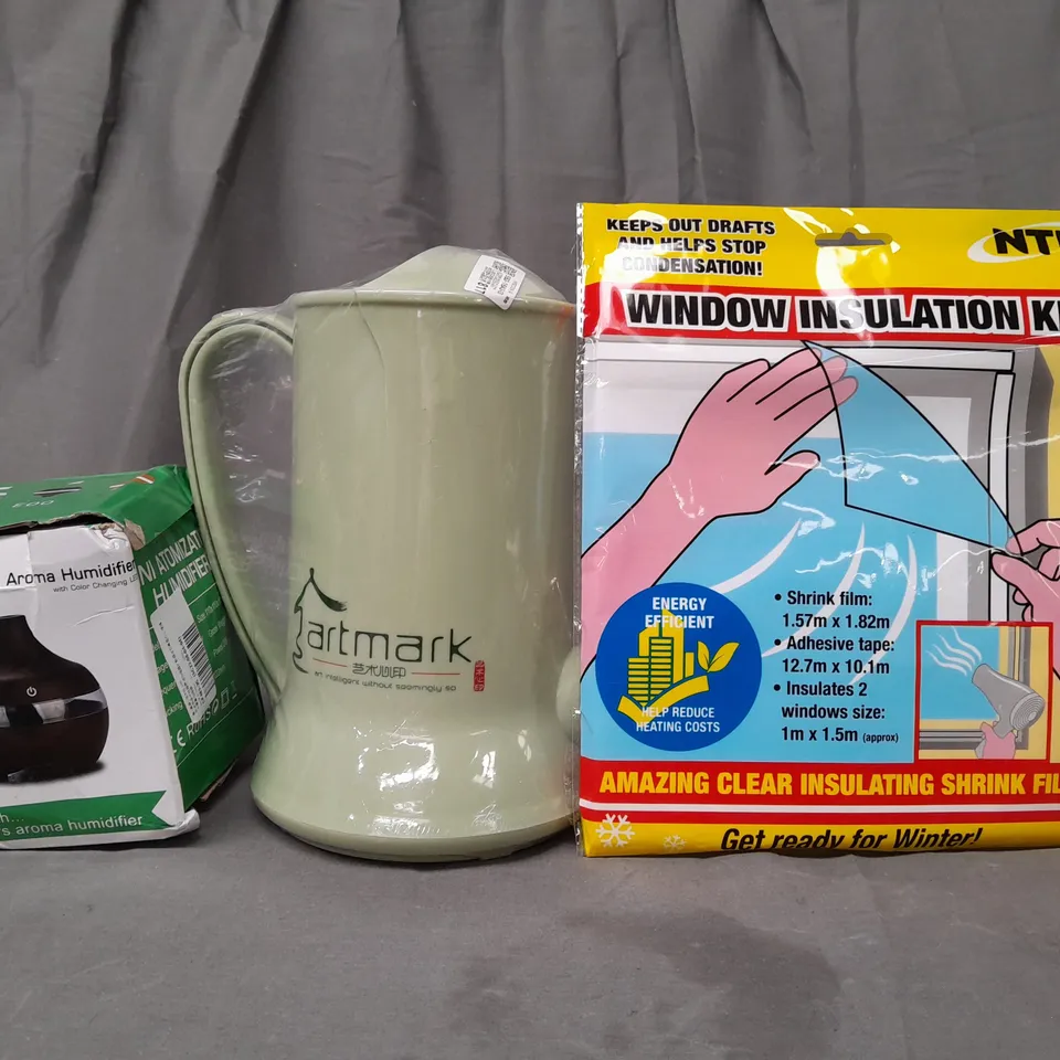 BOX OF APPROXIMATELY 20 ASSORTED HOUSEHOLD ITEMS TO INCLUDE ULTRASONIC AOMA HUMIDIFIER, WINDOW INSULATION KIT, ETC