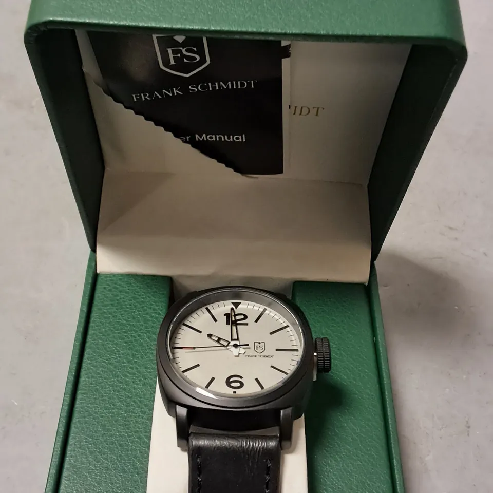 FRANK SCHMIDT ALL BLACK STAINLESS STEEL WHITE FACED GENTS WATCH WITH LEATHER STRAP