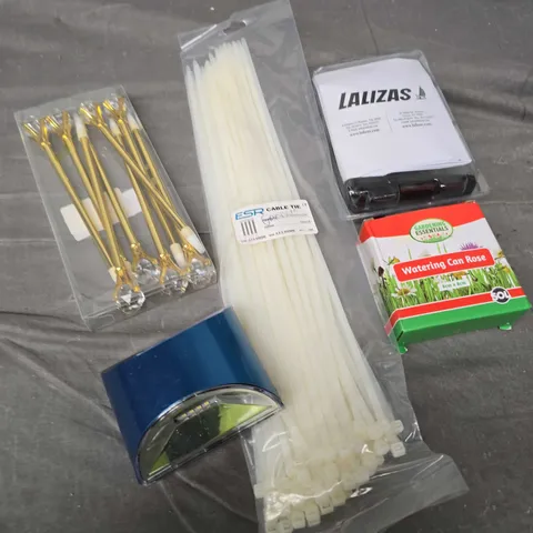 APPROXIMATELY 15 ASSORTED HOUSEHOLD ITEMS TO INCLUDE CABLE TIES, WATERING CAN ROSE, LED LIGHTS ETC