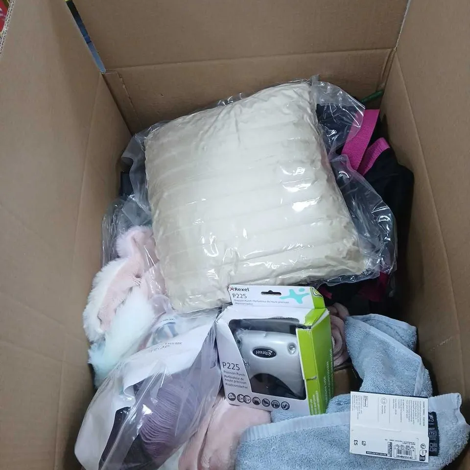 BOX OF APPROXIMATELY 20 ASSORTED ITEMS TO INCLUDE THROW, WOOL SET, REXEL PRECISION PUNCH ETC