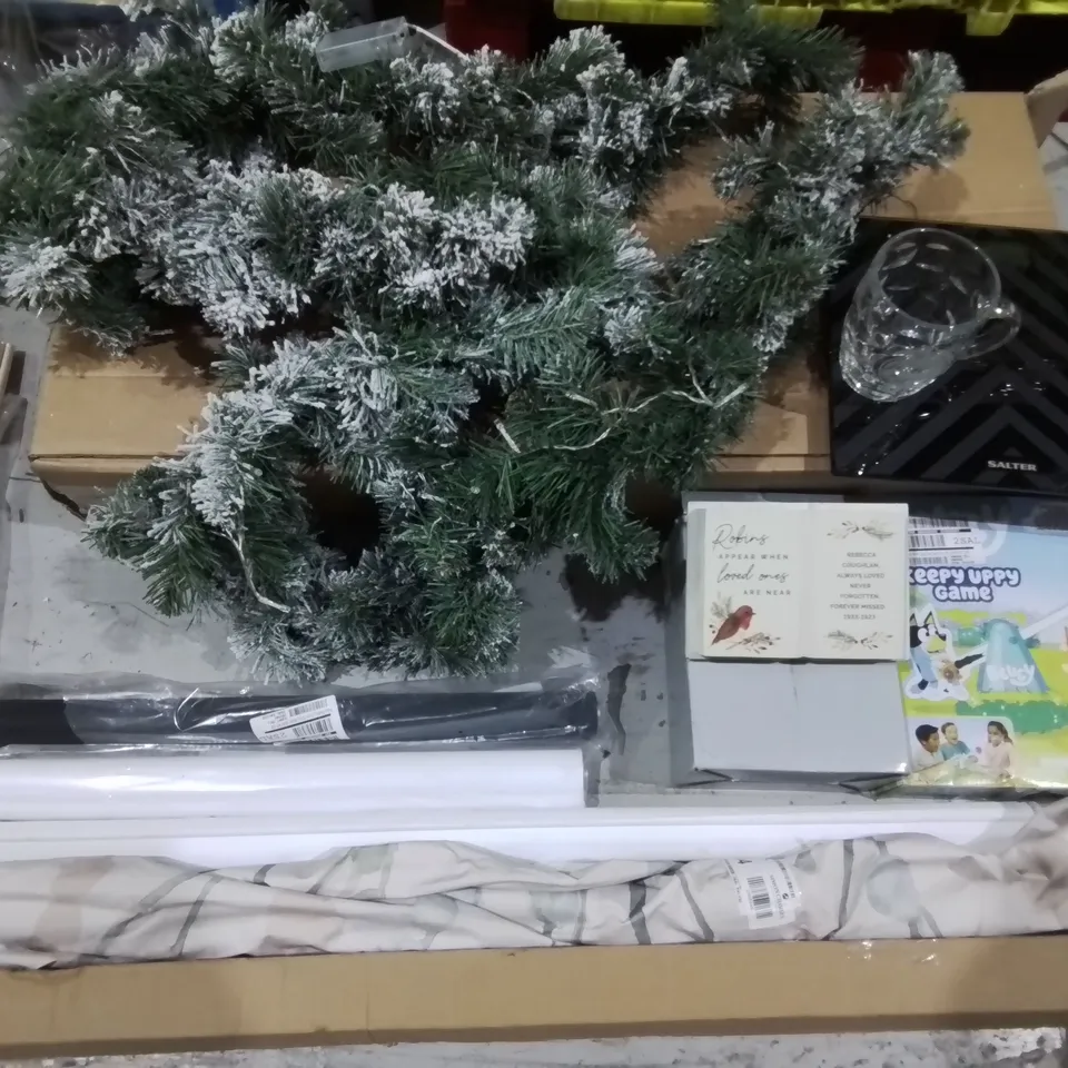 LOT OF 12 ASSORTED HOUSEHOLD ITEMS TO INCLUDE 9FT FLOCKED GARLAND, SALTER ANALYSER SCALE AND BLUEY KEEP UP GAME - collection only 