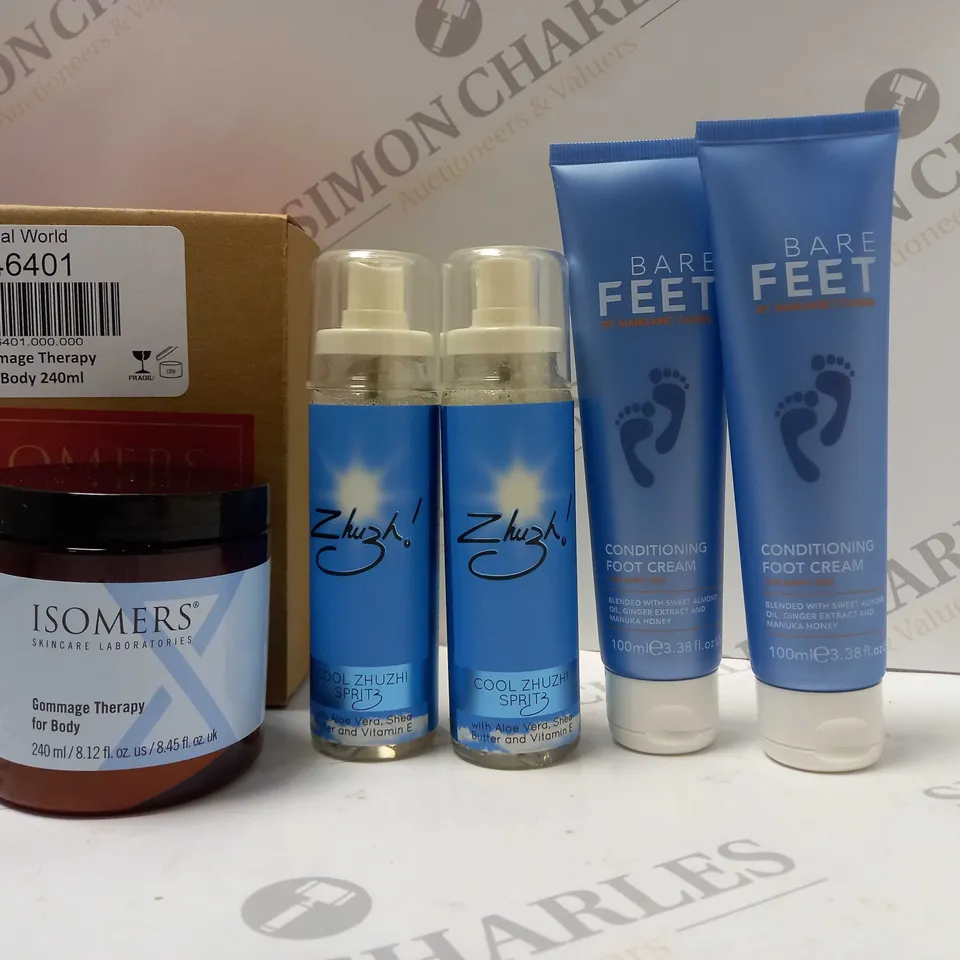 BOX OF APPROX 5 ASSORTED BEAUTY PRODUCTS TO INCLUDE BODY GOMMAGE THERAPY, COOL ZHUZH SPRITZ, BARE FEET FOOT CREAM
