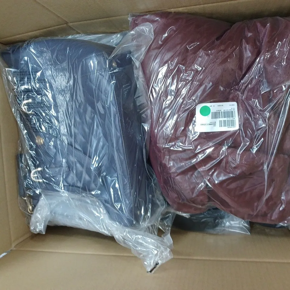 BOX OF 10 ASSORTED CLOTHING ITEMS TO INCLUDE BLUE JACKET, DARK BLUE PAUL COSTELLOE HANDBAG ETC