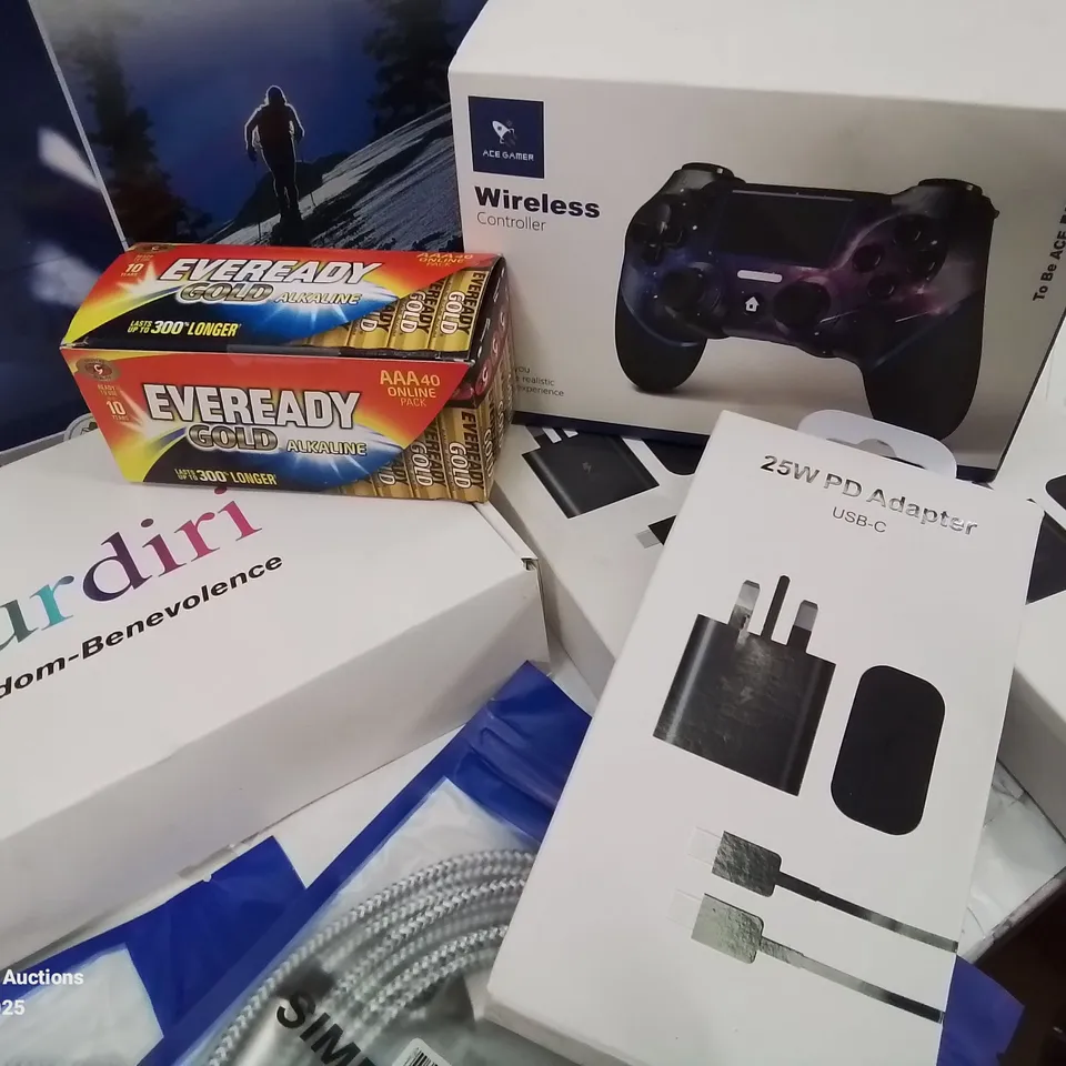 BOX CONTAINING LARGE AMOUNT OF BOXED ELECTRICAL ITEMS TO INCLUDE: LED STRIP LIGHTS, CHARGING CABLES, LIGHT BULBS, WIRELESS GAMING CONTROLLER, BINOCULARS AND LOTS MORE